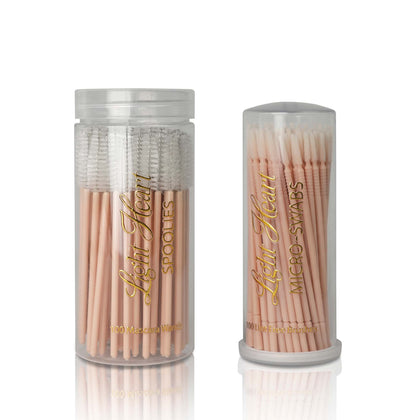 Light Heart Lashes Spoolies and Micro-Swabs — 100 disposable mascara wands and 100 lint-free micro brushes for lash extensions in clear canister packaging