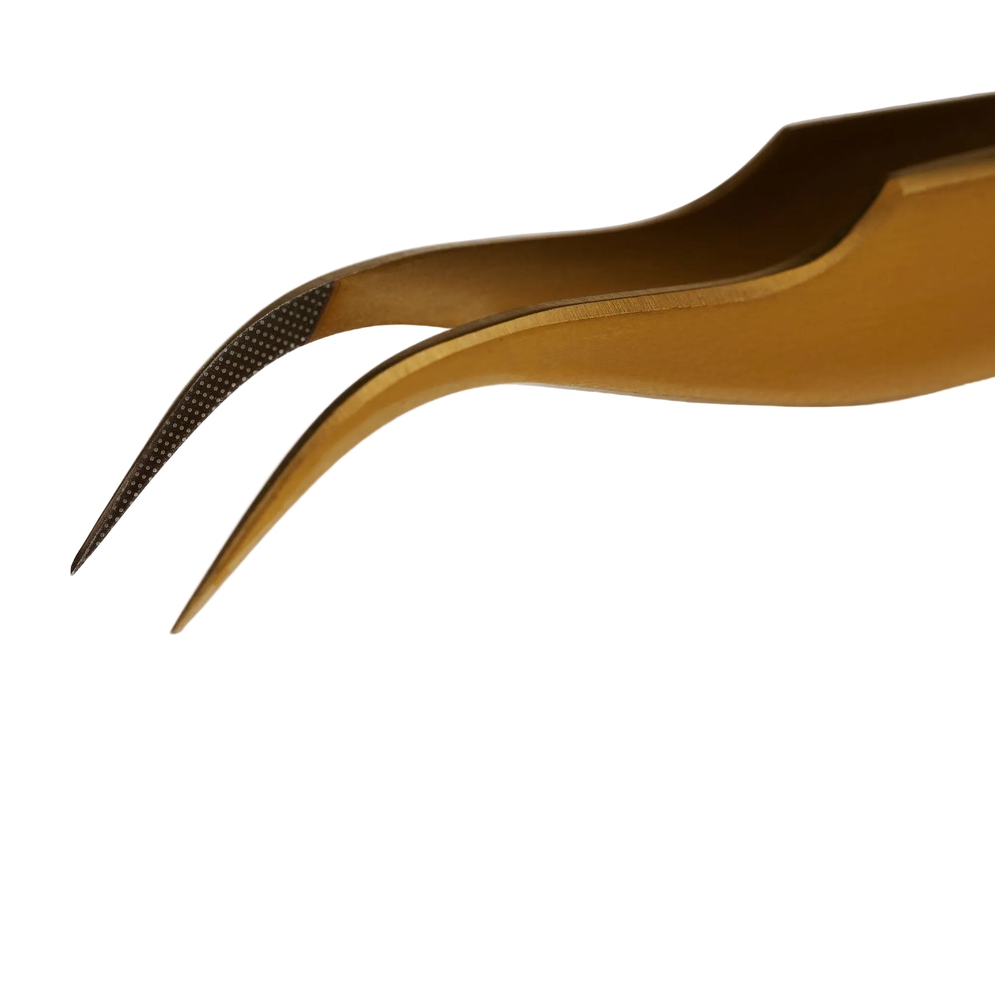 Close-up of Light Heart Lashes gold curved lash tweezer tips with textured grip — volume lash extension tweezer for fan making
