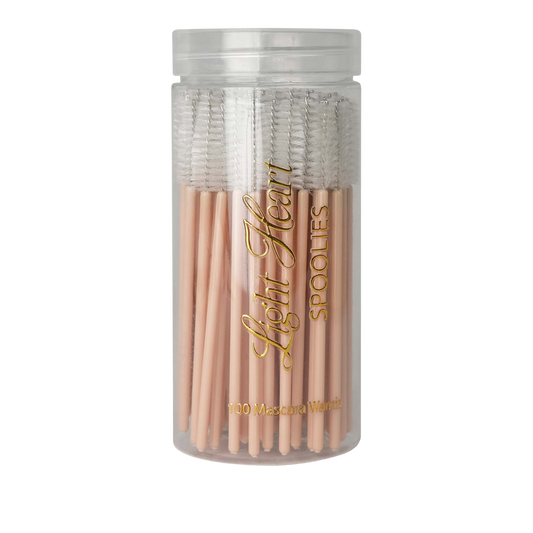Light Heart Lashes Spoolies - jar of 100 disposable mascara wands with pink handles and clear bristle brush heads for lash extension aftercare