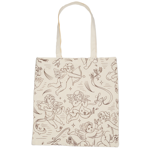 Light Heart Lashes canvas tote bag with cherub angel print, cream tote with brown line-art cupid design
