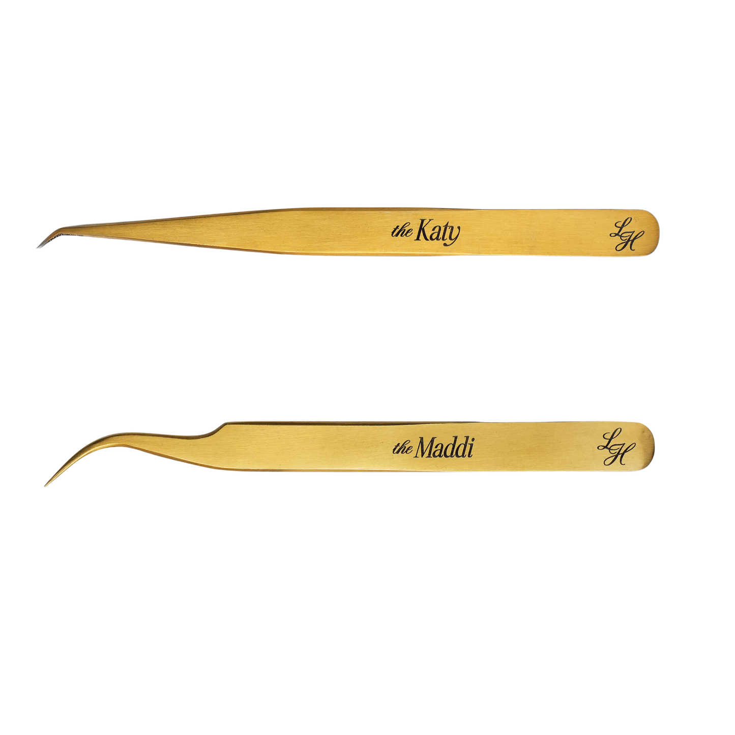 Light Heart Lashes gold tweezers - the Katy fine-tip curved tweezers and the Maddi boot-tip tweezers for eyelash extension application