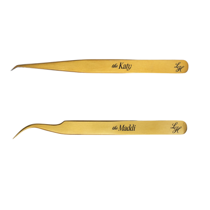 Light Heart Lashes gold tweezers - the Katy fine-tip curved tweezers and the Maddi boot-tip tweezers for eyelash extension application
